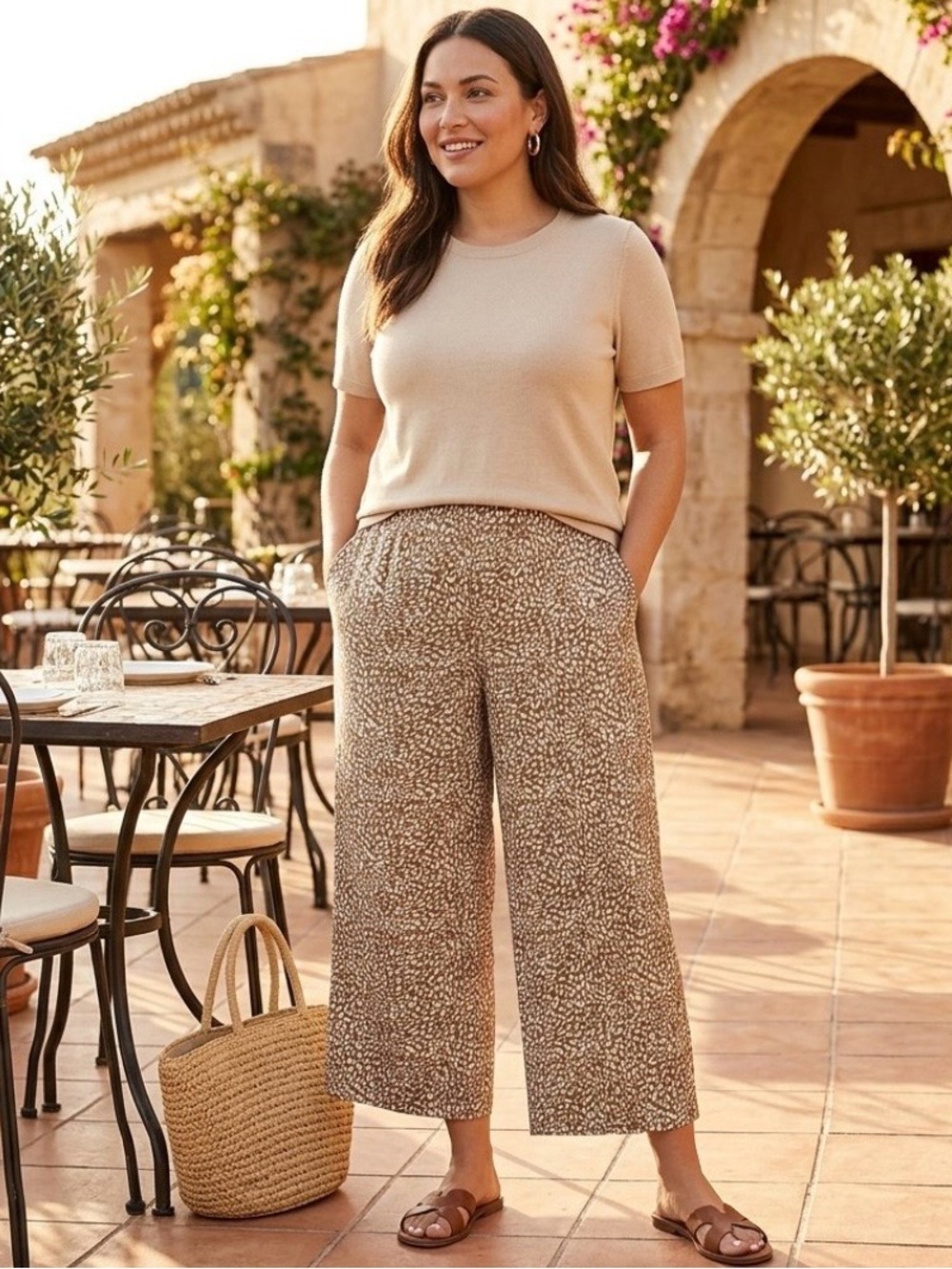 J. Jill Animal Print Stretch Wide Leg Cropped Pants with Pockets Sz Large EUC